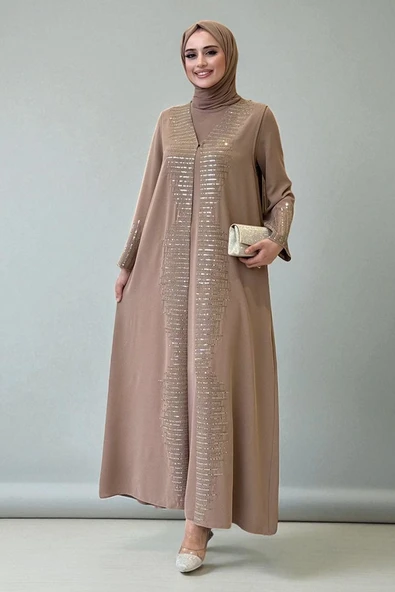 Pul İşlemeli Yelekli Elbise Takım 8498 Vizon ürün görseli