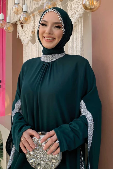 Taş İşleme Detaylı Elbiseli Pelerin Takım 3875 Zümrüt - 4