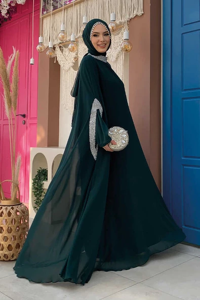 Taş İşleme Detaylı Elbiseli Pelerin Takım 3875 Zümrüt - 3