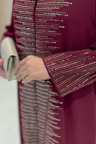 Pul İşlemeli Yelekli Elbise Takım 8498 Bordo - 4