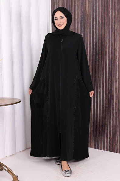 Pilise Taş Detay Fermuarlı Ferace 7892 Siyah ürün görseli