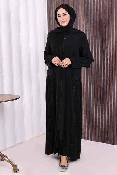 Pilise Taş Detay Fermuarlı Ferace 7892 Siyah - Resim 2