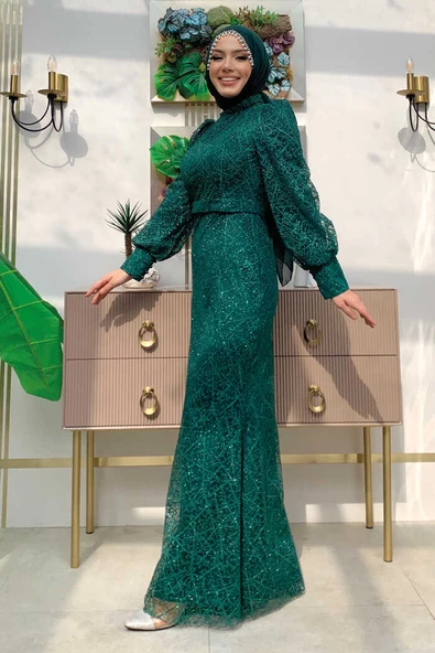 Desenli Balonkol Görünümlü Simli Abiye Elbise 1144 Zümrüt - 3