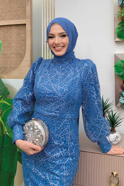Desenli Balonkol Görünümlü Simli Abiye Elbise 1144 İndigo - Resim 4