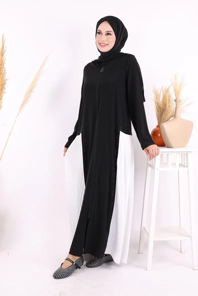 Pilise Taş Detay Fermuarlı Ferace 7892 Ekru - 4