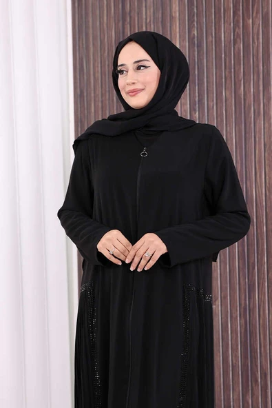 Pilise Taş Detay Fermuarlı Ferace 7892 Siyah - Resim 5