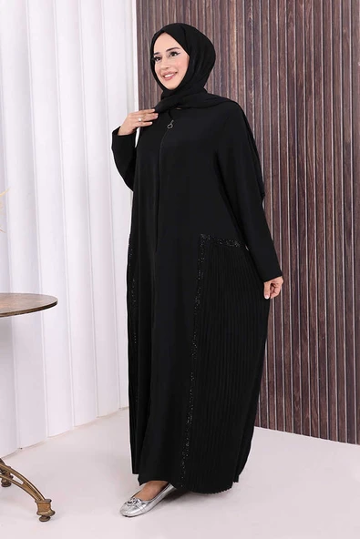 Pilise Taş Detay Fermuarlı Ferace 7892 Siyah - Resim 3