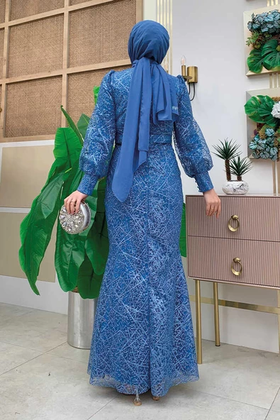 Desenli Balonkol Görünümlü Simli Abiye Elbise 1144 İndigo - Resim 2