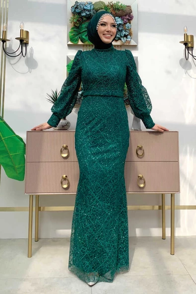 Desenli Balonkol Görünümlü Simli Abiye Elbise 1144 Zümrüt