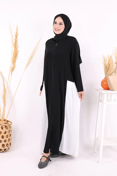 Pilise Taş Detay Fermuarlı Ferace 7892 Ekru - 2