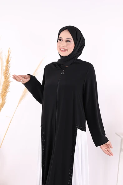 Pilise Taş Detay Fermuarlı Ferace 7892 Ekru - 5