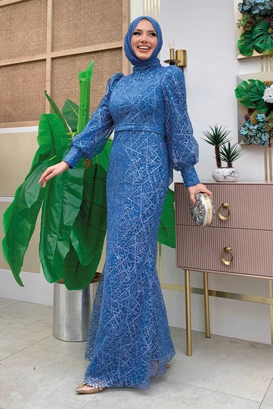 Desenli Balonkol Görünümlü Simli Abiye Elbise 1144 İndigo - Resim 3