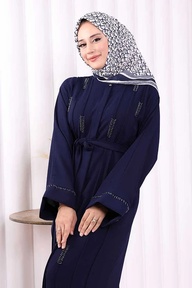 Boncuk İşlemeli Tam Boy Ferace 7894 Lacivert - Resim 5
