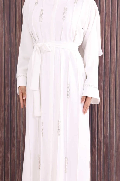 Boncuk İşlemeli Tam Boy Ferace 7894 Ekru - Resim 6