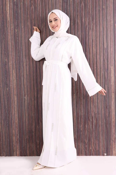 Boncuk İşlemeli Tam Boy Ferace 7894 Ekru - Resim 3