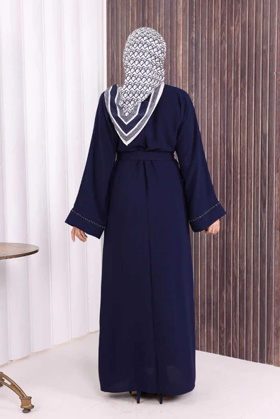 Boncuk İşlemeli Tam Boy Ferace 7894 Lacivert - Resim 4