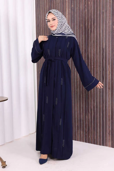 Boncuk İşlemeli Tam Boy Ferace 7894 Lacivert - Resim 2