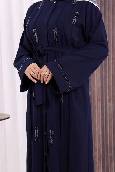 Boncuk İşlemeli Tam Boy Ferace 7894 Lacivert - Resim 6