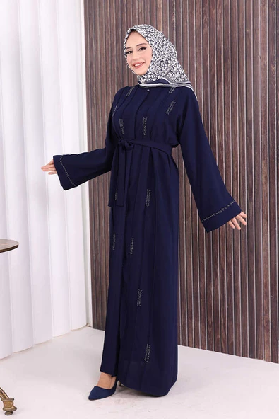 Boncuk İşlemeli Tam Boy Ferace 7894 Lacivert - Resim 3