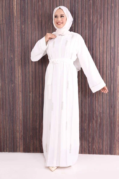 Boncuk İşlemeli Tam Boy Ferace 7894 Ekru - Resim 2