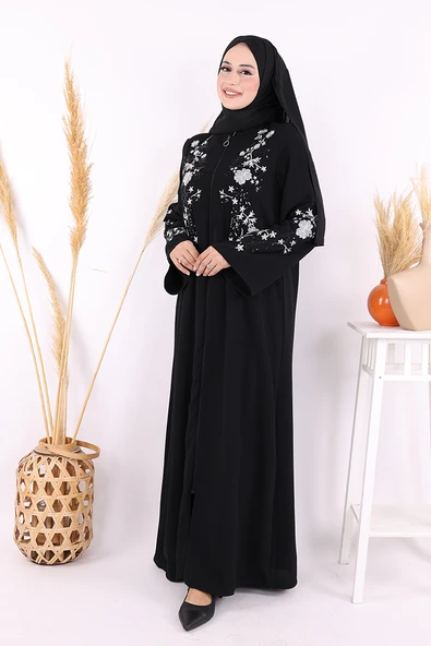 Nakış İşleme Detaylı Ferace 7895 Siyah - Resim 2
