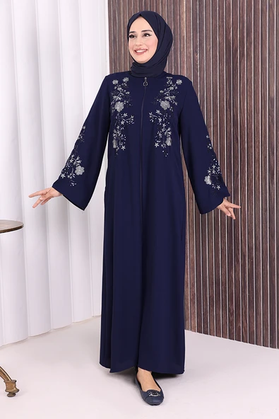 Nakış İşleme Detaylı Ferace 7895 Lacivert - Resim 2