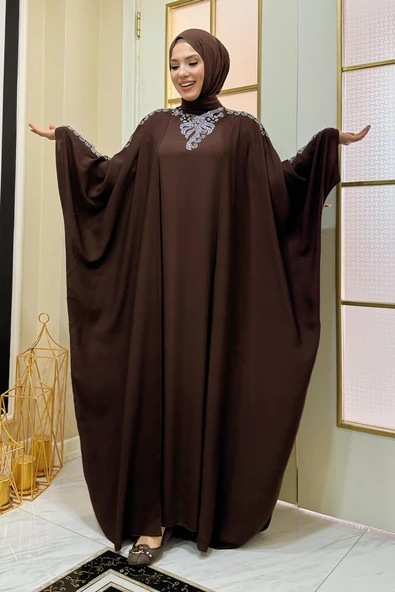 Taş İşlemeli Elbiseli Abaya Takım 8499 Kahverengi - Resim 3