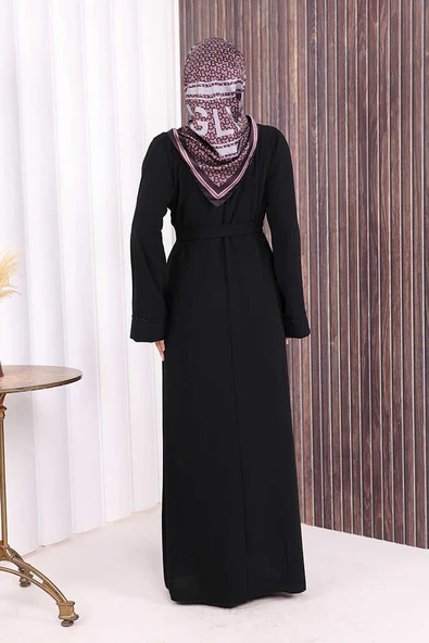Boncuk İşlemeli Tam Boy Ferace 7894 Siyah - Resim 4