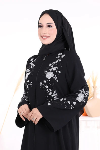 Nakış İşleme Detaylı Ferace 7895 Siyah - Resim 4