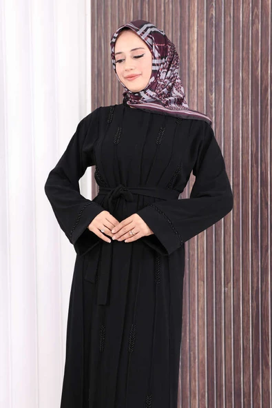 Boncuk İşlemeli Tam Boy Ferace 7894 Siyah - Resim 5