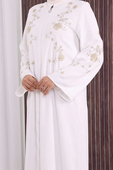 Nakış İşleme Detaylı Ferace 7895 Ekru - Resim 6