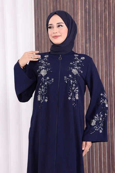 Nakış İşleme Detaylı Ferace 7895 Lacivert - Resim 6
