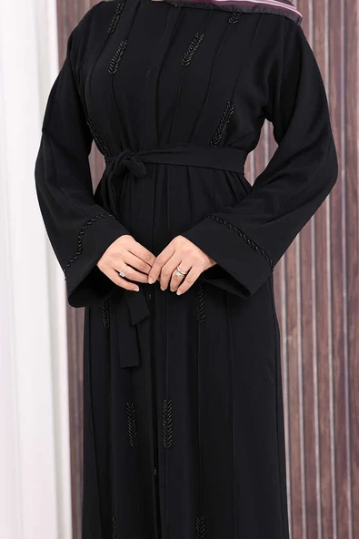 Boncuk İşlemeli Tam Boy Ferace 7894 Siyah - Resim 6