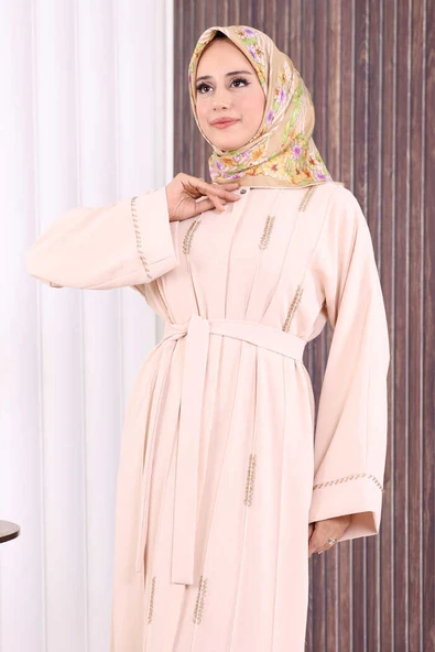 Boncuk İşlemeli Tam Boy Ferace 7894 Taş - Resim 5