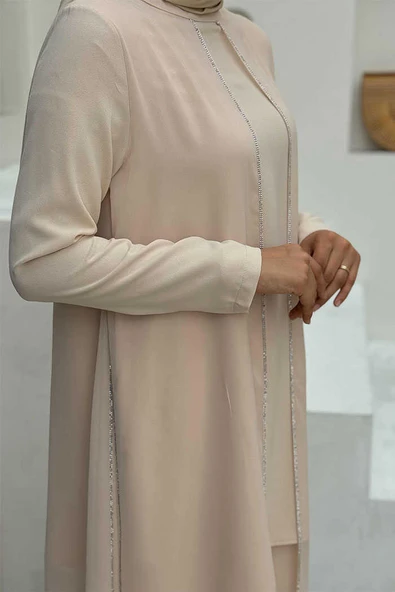 Belirli Kısımları Taş Detaylı Pelerinli İkili Takım 8487 Taş - Resim 4