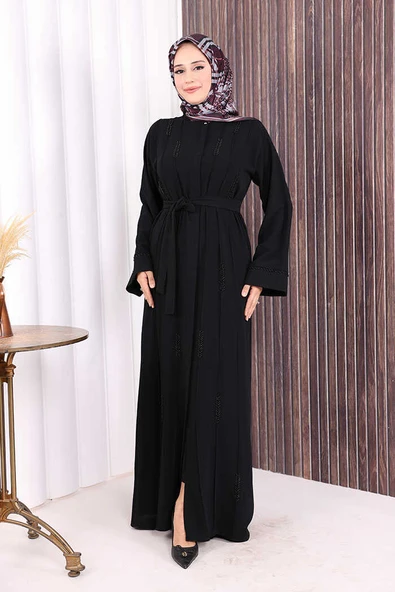Boncuk İşlemeli Tam Boy Ferace 7894 Siyah - Resim 2