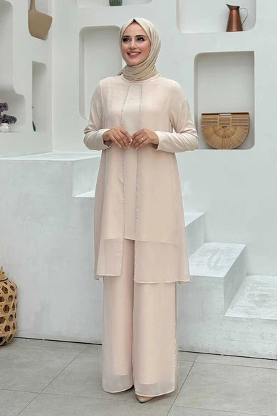 Belirli Kısımları Taş Detaylı Pelerinli İkili Takım 8487 Taş - Resim 3