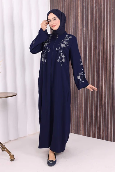 Nakış İşleme Detaylı Ferace 7895 Lacivert - Resim 3