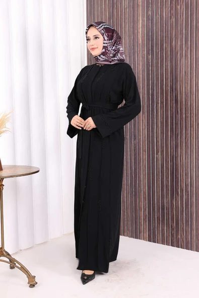 Boncuk İşlemeli Tam Boy Ferace 7894 Siyah - Resim 3