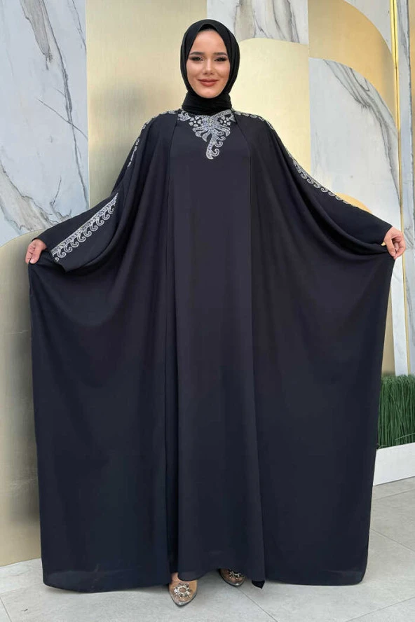 Taş İşlemeli Elbiseli Abaya Takım 8499 Siyah