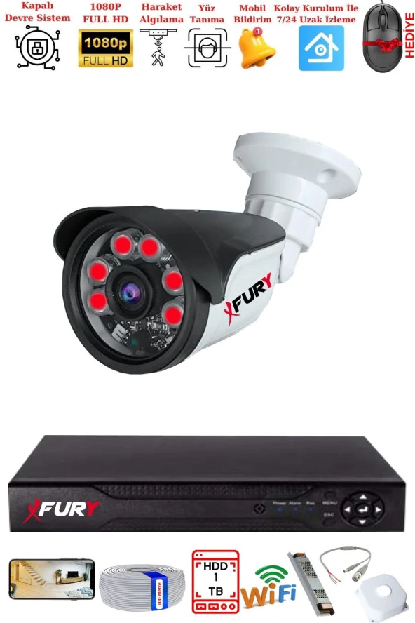 FURY 1 Kameralı Gece Görüşlü 1080P 2Mp Görüntü Full Hd Atom Led Güvenlik Kamerası Seti 5570 1 TB
