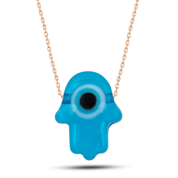 Gümüş Rose Mavi Nazarlı Cam Fatma Ana Eli Kadın Kolye SL5686 ürün görseli