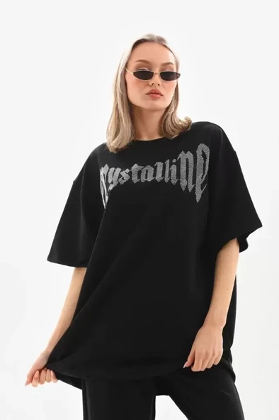 Unisex Taş Desenli Oversize T-Shirt - Beyaz