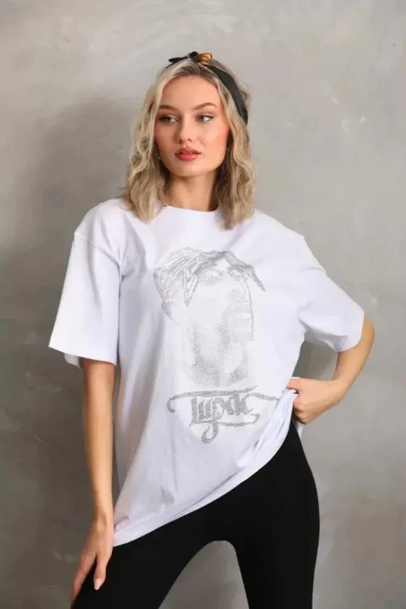 Unisex Taş Desenli Oversize T-Shirt - Beyaz