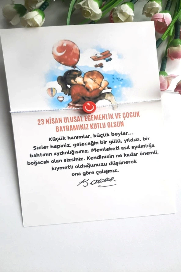 20 Adet Türk Bayraklı Bileklik - Atatürk ve Çocuk Kartlı - 23 Nisan Hediye