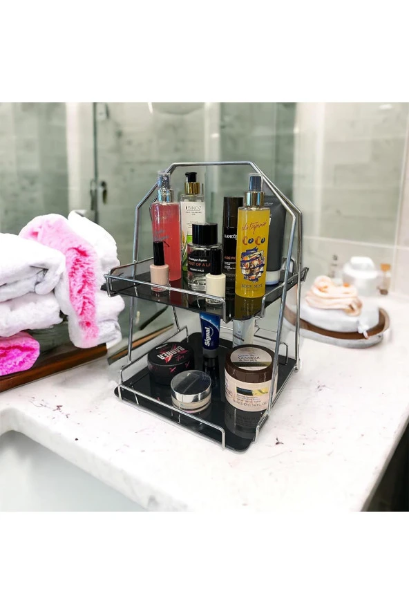 2 Katlı Üçgen Siyah Metal Banyo, Mutfak, Makyaj Organizatörü - Model 3 - 2