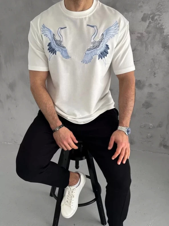 Unisex Nakış İşlemeli T-Shirt - Beyaz