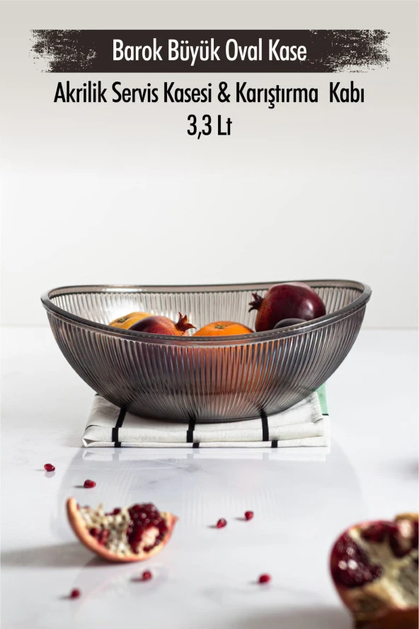 Akrilik Barok Füme Büyük Oval Meyve & Salata Kasesi & Karıştırma Kabı / 3,3 Lt  (CAM DEĞİLDİR)