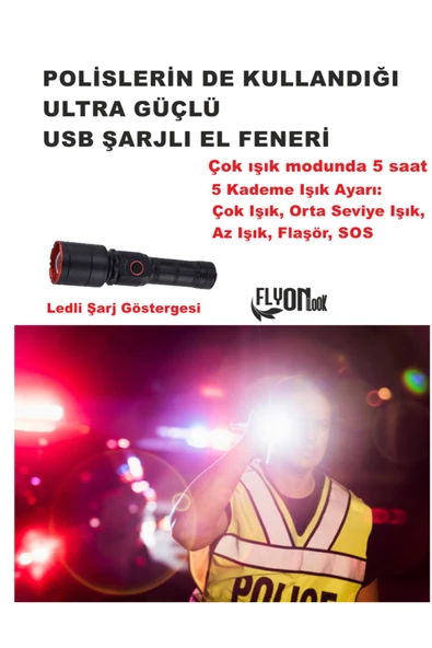 ULTRA GÜÇLÜ ŞARJLI EL FENERİ 5 KADEMELİ GÜÇLÜ MODDA 5 SAAT ETKİLİ EL FENERİ  20W LED LAMBA