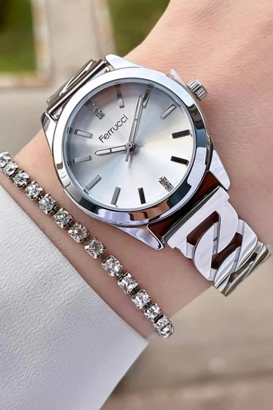 Ferrucci FCISTE255 Gümüş Renk Hediye Paketli Kadın Kol Saati ve Bileklik ürün görseli 1